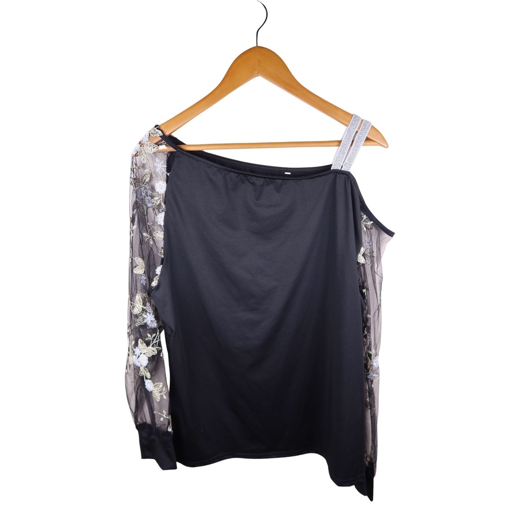 Black One Shoulder Top Floral Embroidered Mesh Long Sleeve Rhinestone Strap L